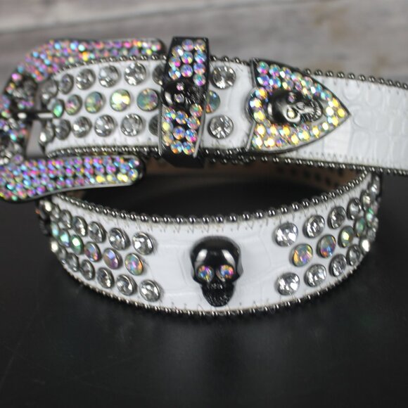 White Faux Leather Woman Belt Skull Rhinestone Western Motorcycle Bling Carnival main image 4